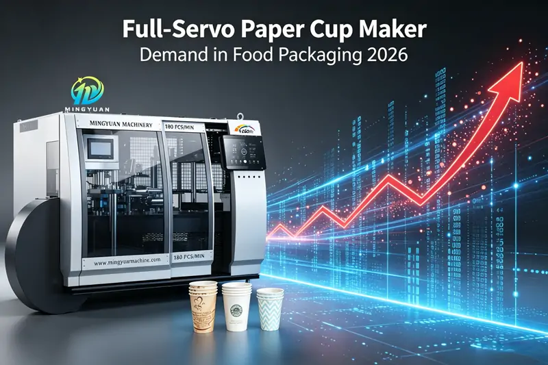 High-speed full-servo disposable cup molding production gear alongside upward market growth chart for 2026 food packaging industry demand trend