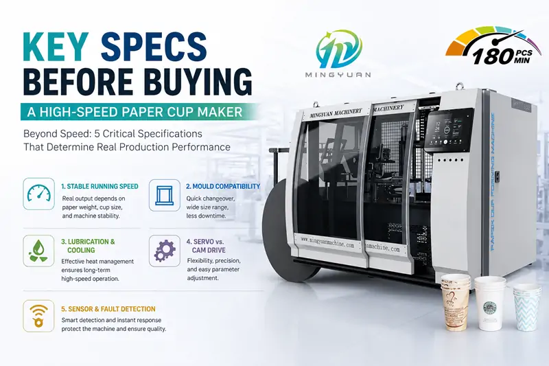 High-speed paper cup maker with intelligent control system, servo technology, and quick-change mould design for efficient paper cup manufacturing.