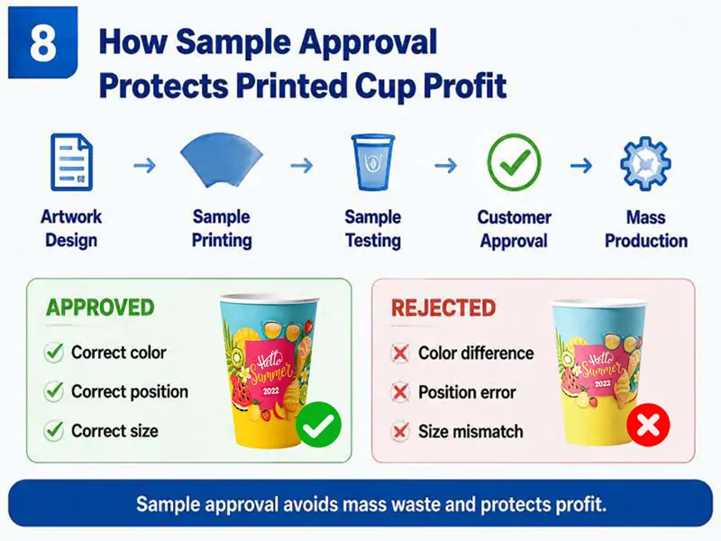 Infographic showing sample approval workflow for printed paper cups: artwork design, sample printing, testing, customer approval, mass production; comparison of approved and rejected printed paper cups based on color, position and size